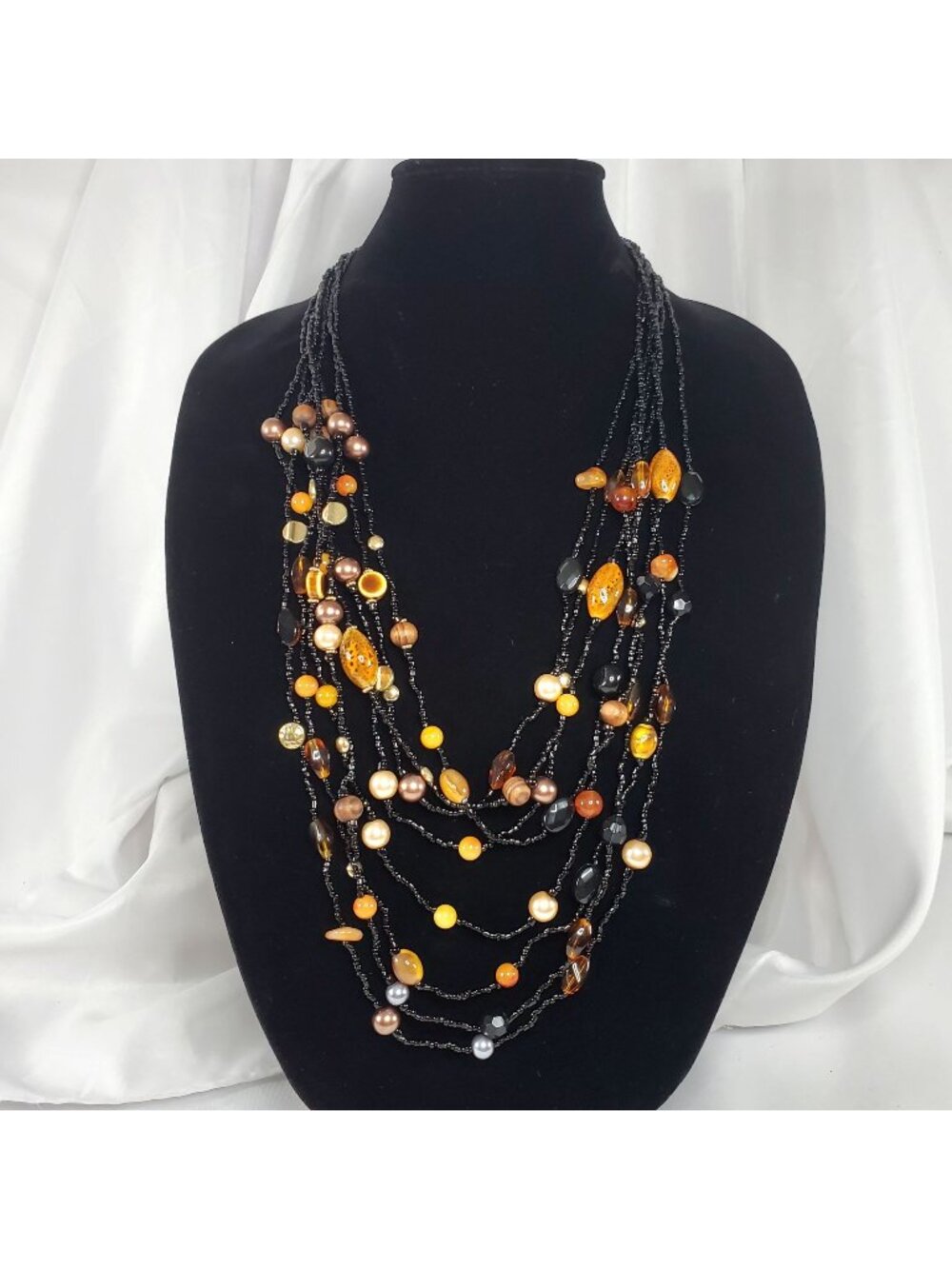 You & I Multi-Strand Beaded Necklace With Amber & Black Beads Adjustable